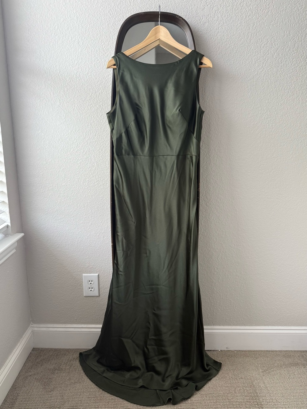 Revelry Olive Green Satin Scoop Back Bridesmaid Maxi Dress Size 14